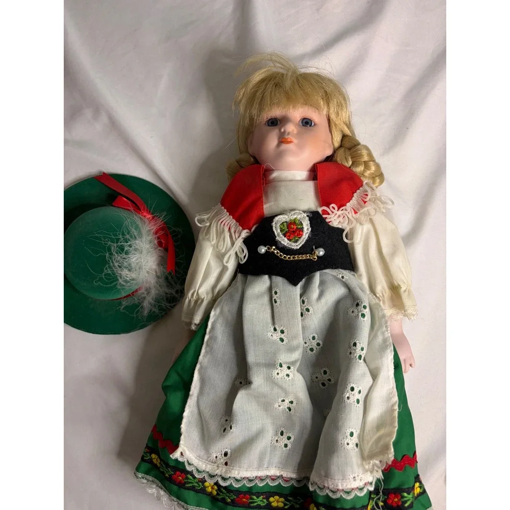 Vintage Porcelain German Alpine Folk Doll Blonde Braids Green Dirndl Outfit 16in